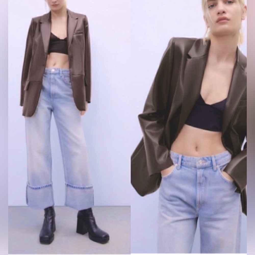 ZARA - Women's brown faux leather jacket button closure mid length blazer size M